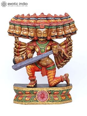 36" Large Ravana Offering Tenth Head as a Veena to Bhagawan Shiva | Wood Carved Statue