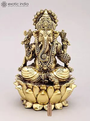 Chaturbhuja Lord Ganesha Seated on Lotus | Silver Plated Brass Statue