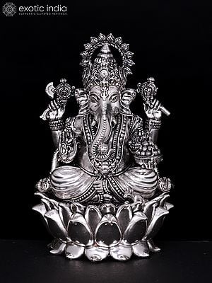 6" Chaturbhuja Lord Ganesha Seated on Lotus | Silver Plated Brass Statue