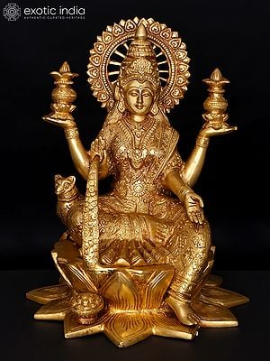 11" Devi Lakshmi Seated on Lotus Showering Wealth | Brass Statue