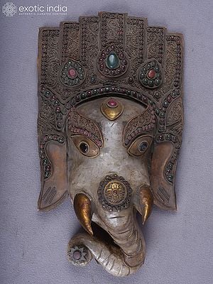 12" Crystal Lord Ganesha Wall Hanging Mask With Inlay Work | Handmade