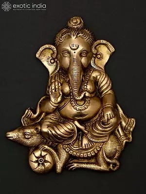 7" Blessing Lord Ganesha Seated on Mushak | Wall Hanging Brass Statue