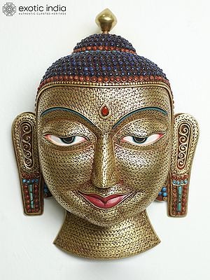 Wall Hanging Lord Buddha Face Mask Gold Gilded On Copper With Base Metal | Buddhist Sculpture