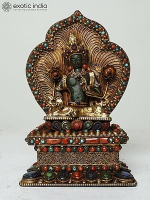 Goddess Green Tara Seated On Ornamented Throne Margaj Stone Statue