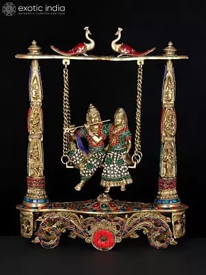 18" Radha Krishna on Peacock Swing | Brass Statue with Inlay Work