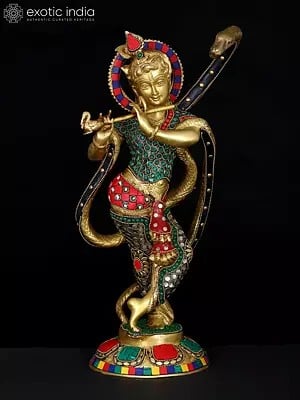 15" Shri Krishna and Kaliya | Brass Statue with Inlay Work