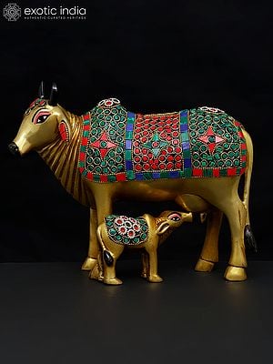 10" Brass Cow and Calf Piggy Bank | Brass Statue with Inlay Work