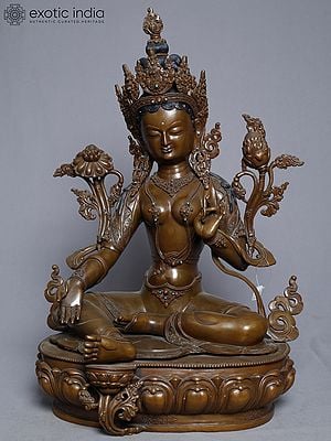 14" Statue Of Goddess Green Tara In Copper Gold Plated From Nepal | Handmade Goddess Idol
