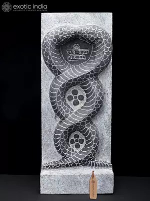 15" Two Snakes with Shiva Linga | Hand Carved Granite Stone Statue