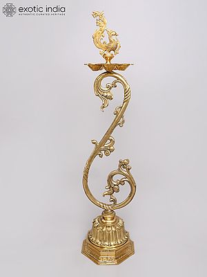57" Large Designer Brass Peacock Lamp with Stand | Handcrafted Temple Decor