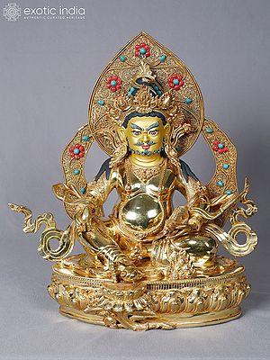 Lord Buddhist Kubera with Mongoose | Copper with Gold Plated | Handmade Exquisite Art