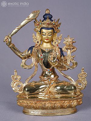 Buddhist Deity Lord Manjushree Idol | Copper with Gold Plated | Handmade Exquisite Art