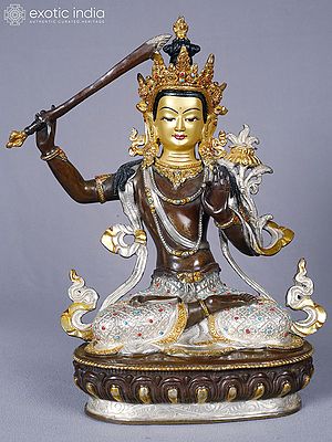 Lord Manjushree Buddhist Deity Idol | Copper with Gold and Silver Plated | Handmade Exquisite Art