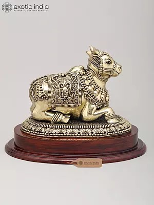 9" Handcrafted Brass Nandi Statue with Ornate Carvings on Wooden Base | Made in India