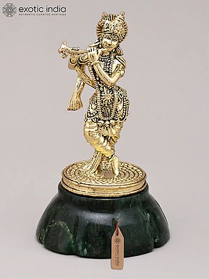 4" Small Brass Superfine Fluting Lord Krishna on Green Aventurine Gemstone Base