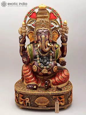 24" Shri Ganapati Maharaj - The Lord of Wisdom & Abundance | Wood Carved Statue with Elegant Stone Work