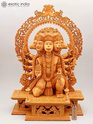 24" Panchamukhi Hanuman Statue with Beautifully Carved Prabhavali | Wood Carved Sculpture