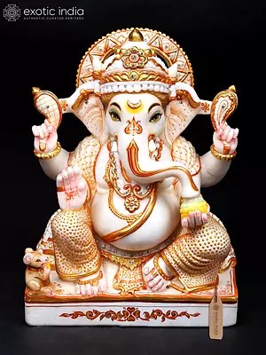 12" Four Armed Blessing Lord Ganesha | White Marble Statue