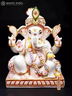 18" Four Armed Blessing Pagadi Ganesha | White Marble Statue