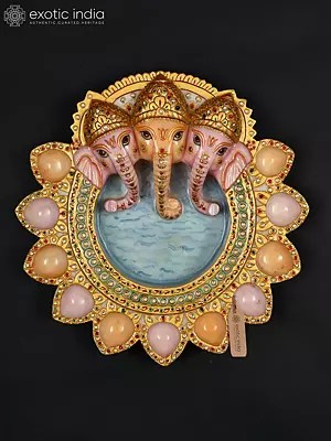 15" Divine Three-Faced Ganesha Urli with Diya | Marble with Stone Work