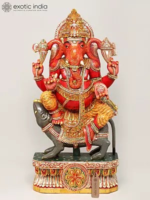 36" Large Chaturbhuja Lord Ganesha Riding on Mushak | Wood Carved Colorful Statue