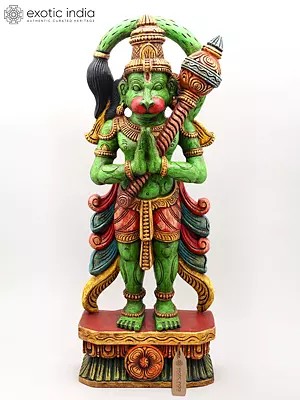 31" Large Green Color Standing Lord Hanuman | Wood Carving