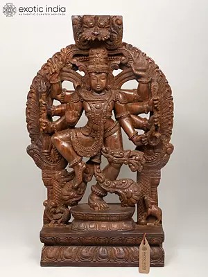 48" Nataraja - Eight Armed Dancing Lord Shiva with Kirtimukha Prabhavali | Large Size Wooden Sculpture