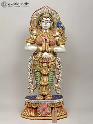 48" Large Size Welcome/Namaste Lady | Wood Carved Statue