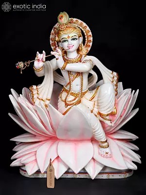 24" Celestial Murli Manohar Krishna Seated on Lotus | Exquisite Hand-Carved Marble Sculpture