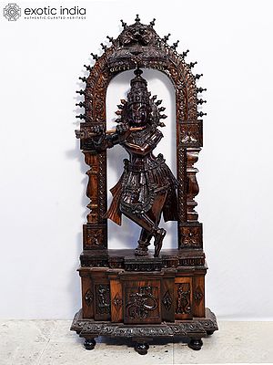 51" Lord Krishna Statue with Detailed Carving | Handmade Rosewood Sculpture