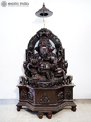72" Ekadanta Ganesha Seated on Grand Throne | Handmade Rosewood Sculpture
