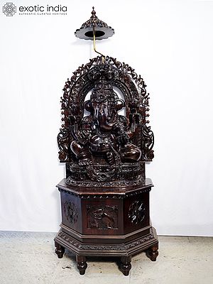 71" Lord Ganapati Wood Statue with Carved Throne | Handmade Rosewood Sculpture