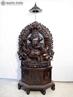 76" Lord Ganesha Sculpture with Tilak and Throne | Handmade Rosewood Sculpture