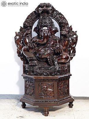37" Lord Ganesha Wooden Figurine with Kirtimukha Arch | Handmade Rosewood Sculpture
