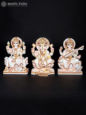12" The Trio of Lakshmi Ganesha Saraswati | Set of Three White Marble Statues
