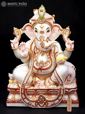 24" Blessing Turbaned (Pagadi) Ganesha | White Marble Statue