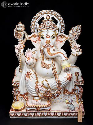 30" Four Armed Blessing Lord Ganapati Seated on Throne | White Marble Statue