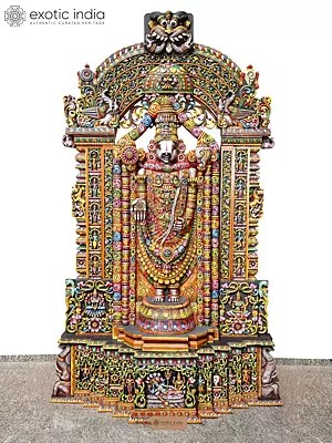144" Super Large Colorful Lord Tirupati Balaji (Venkateshwara) with Kirtimukha Arch | Handmade Wood Sculpture