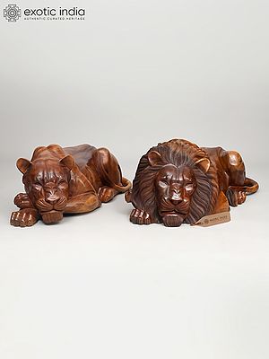 40" King & Queen of The Jungle - Hand Carved Lion and Lioness Wooden Sculpture Pair