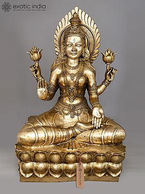 62" Large Four Armed Goddess Lakshmi Seated on Lotus Pedestal | Brass Sculpture