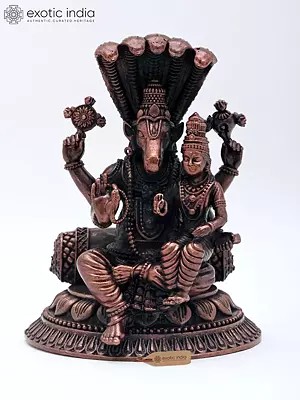 4" Small Lord Hayagriva (Vishnu) and Goddess Lakshmi with Five-Hooded Serpent | Copper Statue | Made in India