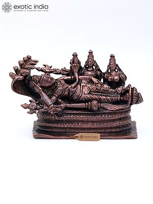 4" Small Sheshashayi Lord Vishnu with Devi Lakshmi and Bhudevi | Copper Statue | Made in India