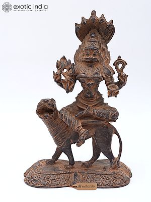 5" Goddess Pratyangira Seated on Lion | Copper Statue | Made in India