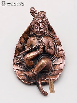 Small Navaneeth Krishna on Leaf with Flute | Handmade | Copper Statue