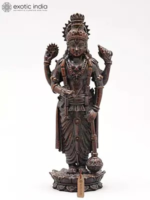 Four Armed Lord Vishnu Standing on Lotus with Shankha, Chakra & Mace | Handmade | Copper Statue