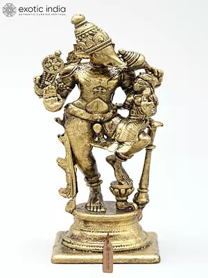 3" Small Four Armed Lord Vishnu as Varaha with Devi Lakshmi | Handmade | Copper Statue