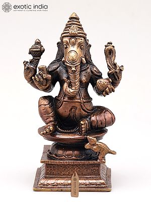 4" Small Lord Ganesha and Mushak Seated on Pedestal | Handmade | Copper Statue