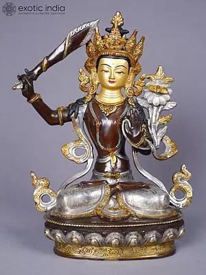 Seated Lord Manjushri | Tibetan Buddhist Deity | Copper With Gold And Silver Plated
