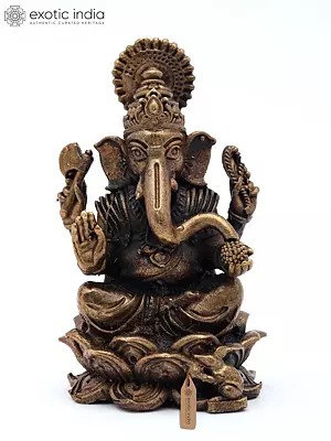 2" Small Lord Ganapati Seated on Lotus with Mushak Vahana | Copper Statue | Made in India
