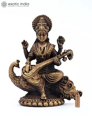2" Small Devi Saraswati Playing Veena on Peacock - Goddess of Knowledge & Music | Copper Statue | Made in India